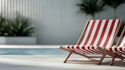 Brightly striped deck chairs sit next to a tranquil pool, inviting relaxation and leisure in a beautifully designed outdoor space surrounded by lush greenery.