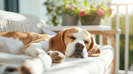 A beagle dog peacefully naps on a sunlit couch surrounded by blooming plants, embodying comfort and tranquility, radiating a warm, cozy ambiance of home life.