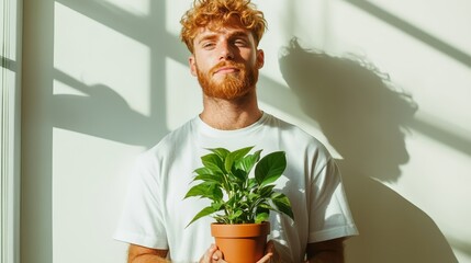 A young man with a beard holds a pot of green plant, emphasizing the connection between nature and personal growth within a bright, sunlit indoor setting.