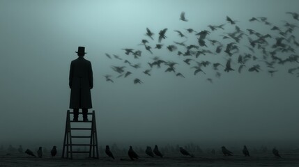 A silhouette of a man in a top hat standing on a ladder with birds flying in the foggy sky