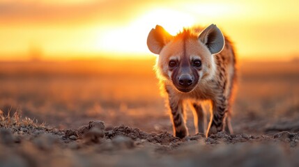 A curious hyena stands at dusk, illuminated by the warm glow of the sunset, reflecting the wild beauty of nature and the intrigue of wildlife.
