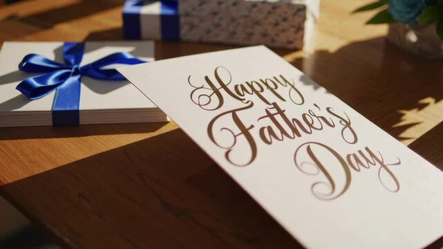 Happy Father's Day: A heartfelt Father's Day greeting card sits on a wooden table, complemented by elegantly wrapped gifts, evoking sentiments of appreciation and affection.