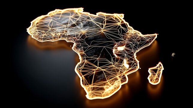 A glowing African continent network digital map, golden lines indicating global connectivity, representing Africa's growing influence in the digital world.