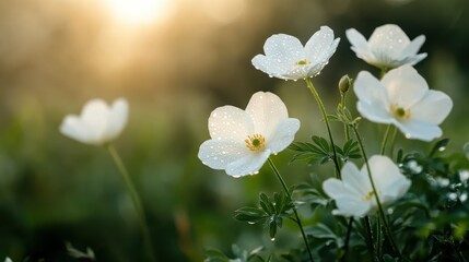 Delicate white flowers adorned with dew glisten in the soft morning light, symbolizing freshness and the beauty of nature in a serene, peaceful setting. A true springtime beauty.