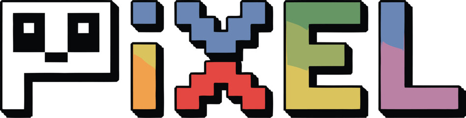 Pixelated word pixel with a blocky p character and colorful letters on a light beige background