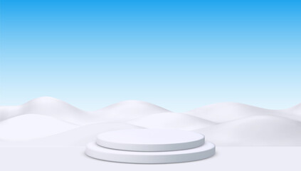 3D Vector Illustration of Minimalistic Snowy Hills and White Podium