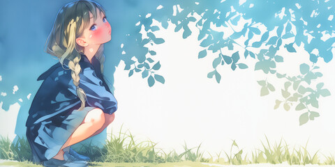 しゃがんで好きな人のことに思いを馳せる女の子。水彩画。イラスト。