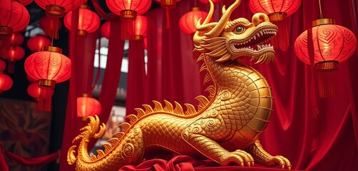Ornate golden dragon sculpture amidst vibrant red lanterns and flowing silk fabrics, chinese, backdrop