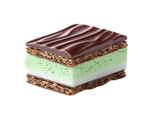 Delicious mint chocolate slice with a green and white layered filling rests on a white surface, showcasing its intricate detail and tempting appeal for dessert lovers.