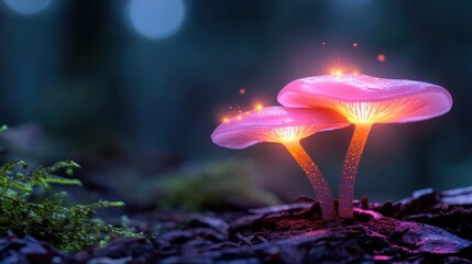 Two vibrant pink mushrooms emit a magical glow in a mesmerizing forest setting, illustrating the beauty of nature's wonders and the mystery of the wilderness.