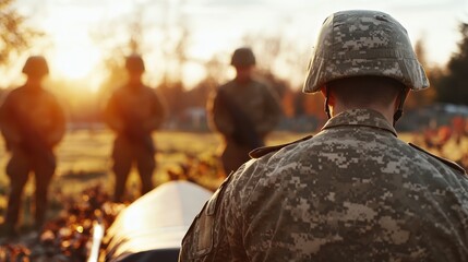 A soldier stands in solemn reflection at sunset, honoring a fallen comrade during a poignant ceremony, highlighting themes of sacrifice, camaraderie, and remembrance in the military.