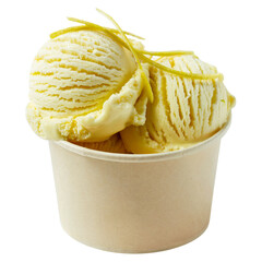 Delicious vanilla lemon ice cream scoops in a paper cup, Lemon sorbet.