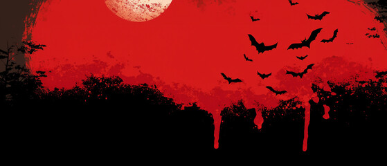 abstract red & black halloween background with bats / vampires abstraction silhouettes flying on bloody cloud with full moon and blood drops falling down; copy space