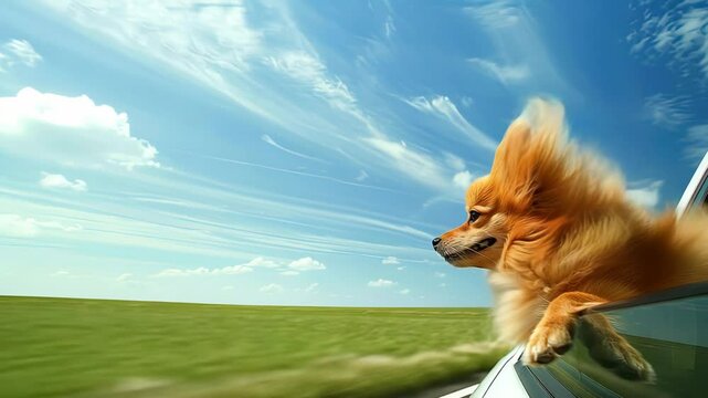 A cheerful dog leans out of a car window, embracing the wind and warmth on a clear day. Open fields stretch in the background