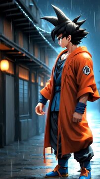 Goku in the Rain: Anime Character in Traditional Japanese Setting