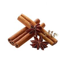 Aromatic cinnamon sticks are paired with fragrant star anise and delicate thyme sprigs, set against a clean white background for a captivating composition.