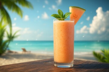 Refreshing tropical smoothies served in tall glasses, each garnished with a fresh fruit slice and mint, set against a vibrant beach background with turquoise ocean and palm trees. Perfect for summer p