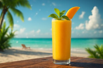 Refreshing tropical smoothies served in tall glasses, each garnished with a fresh fruit slice and mint, set against a vibrant beach background with turquoise ocean and palm trees. Perfect for summer p