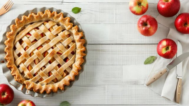 Apple pie cooling on a wooden surface, surrounded by red apples and baking tools brimming with homey aromas and warmth