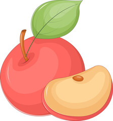 Cartoon red apple with slice and green leaf – vector illustration