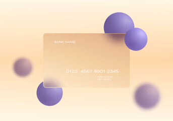 Credit card with purple spheres on a soft peach background. Image in the style of glass morphism.