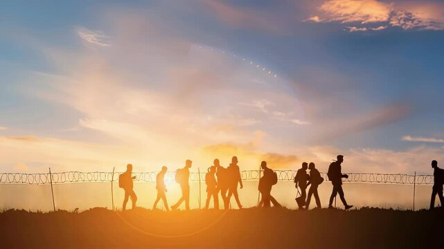 Groups of individuals walk along a border as the sun sets, creating a powerful silhouette against the sky