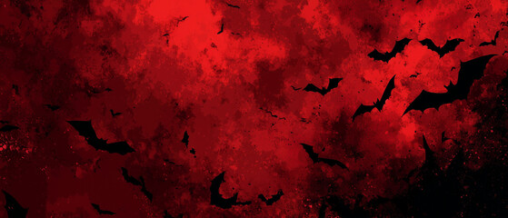 abstract red & black halloween background with bats / vampires abstraction silhouettes flying on bloody sky; copy space