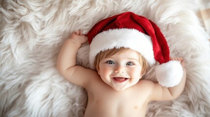An adorable baby with a joyful smile, wearing a festive Santa hat, lying on a cozy fur blanket, capturing the essence of holiday cheer and pure innocence in a charming scene.