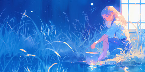 水辺で憩う女性。水彩画。イラスト。