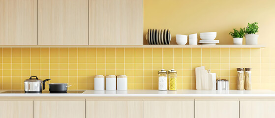 Light Wood Kitchen Cabinets With Yellow Tiles