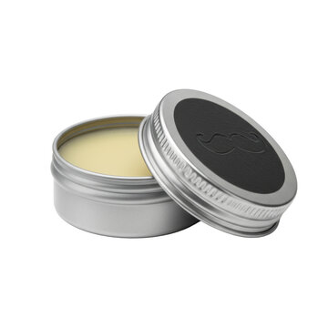 Ultra realistic UHD photo of a dark metal mustache wax tin with a matte finish, 3/4 view, standalone full object on a clean transparent background with no shadows, commercial product photography