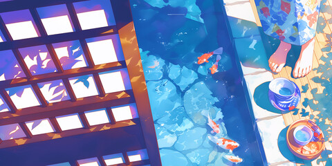 水辺で憩う女性。水彩画。イラスト。