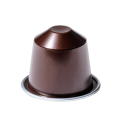 A single brown coffee capsule, used in single-serving brewing machines, sits isolated against a clean white background, ready to brew a fresh cup of gourmet coffee.