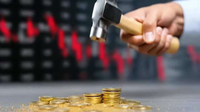 Hammer smashing coin stack against blurred stock market background