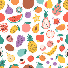 Seamless pattern with cute colorful fruits. Tropical and exotic fruits seamless pattern. Design for banner, wallpaper, textile, wrapping paper, background, cards. Vector illustration in flat style