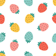 Seamless pattern with cute colorful strawberries. Design for banner, wallpaper, textile, wrapping paper, background, cards. Vector illustration in flat style