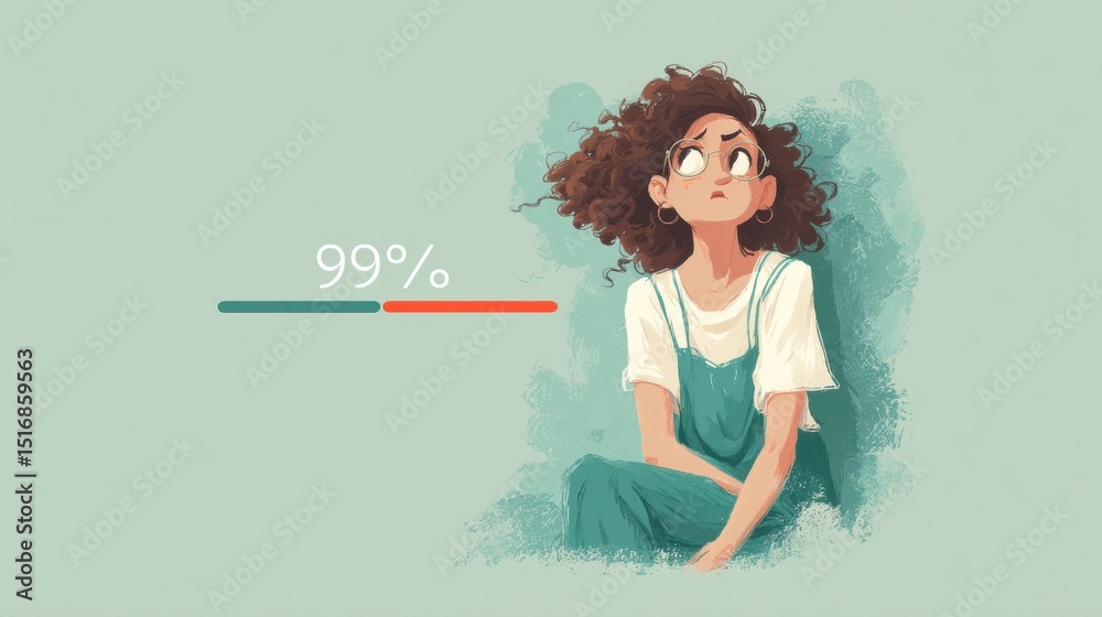 Poster Loading Bar Stuck at 99 Percent With Anxious Character Showing Frustration and Impatience in a Fun, Colorful Illustration