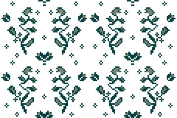 Flower pattern of geometric pixel arts. Green floral with abstract shape with concept of ethnic, motifs, color tone, vintage, boho, batik, tradition for textiles, texture, print, seamless, wrapping.