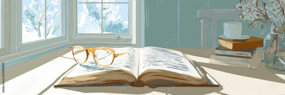 Aufkleber Cozy Reading Nook With Open Book and Glasses on a Table by the Window During Winter