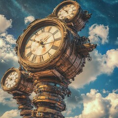 Ornate steampunk clock tower against a celestial backdrop
