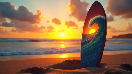 Colorful surfboard on the sand at sunset on the beach
