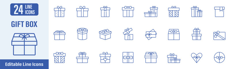 Gift box web icons in line style. Contains icons as birthday gifts, valentine's gifts, Christmas gifts, wedding anniversary gifts and more. Vector illustration.