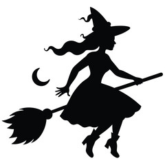 Silhouette of a witch flying on a broomstick with a crescent moon for halloween