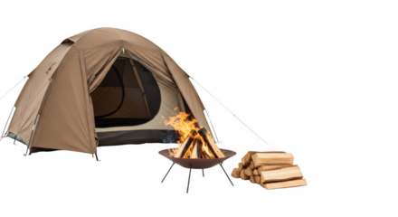 Camping tent firewood campfire scene isolated on transparent background