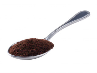 A shiny silver spoon holds a scoop of finely ground dark brown coffee granules against a clean white background emphasizing its texture and rich color beautifully.