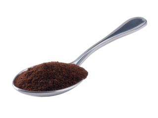 A shiny silver spoon holds a scoop of finely ground dark brown coffee granules against a clean white background emphasizing its texture and rich color beautifully.