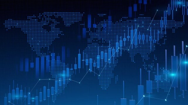 Global digital network world map financial market data charts candlesticks line graph trading investment analysis growth trend statistics blue futuristic economic animation.