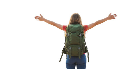 Backpacker woman with arms outstretched isolated on transparent background