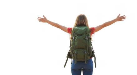 Backpacker woman with arms outstretched isolated on transparent background