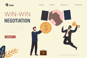 Win Win Negotiation business concept, landing page template. Businessmen with golden cup and profit, partners shaking hands. Business People meeting for project agreement